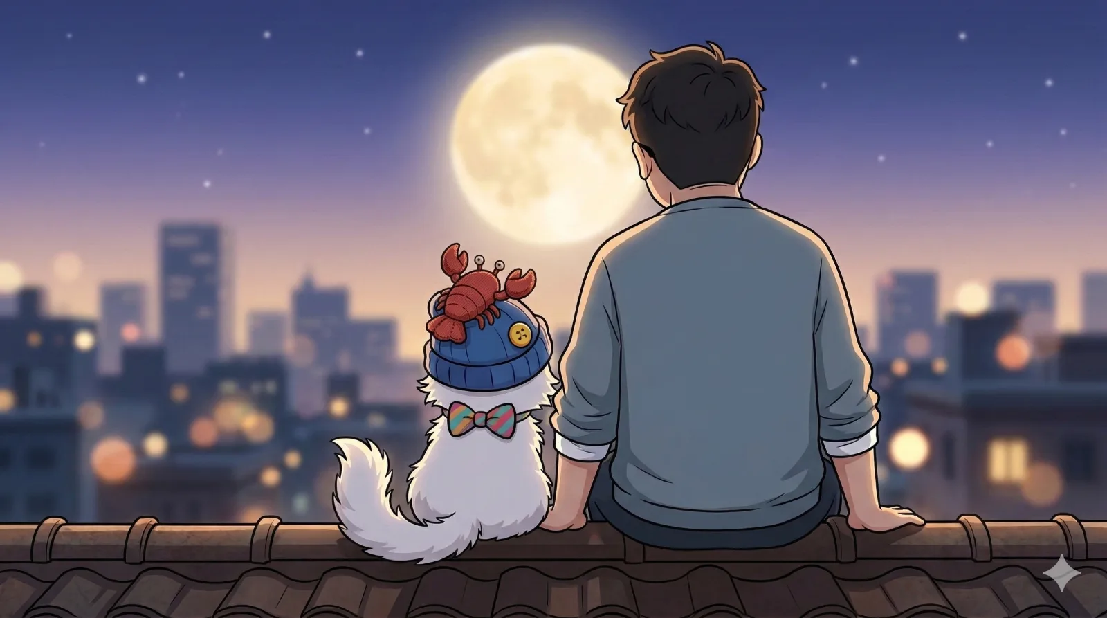 爸爸和绒绒在屋顶看月亮聊天